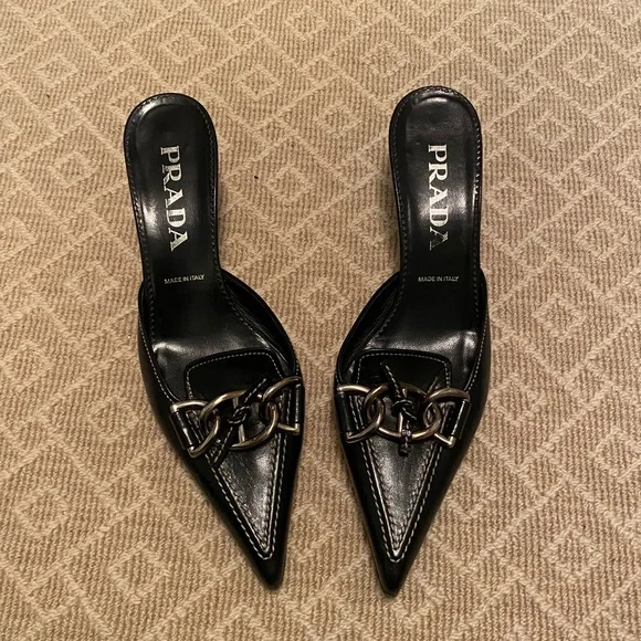 Prada Women's Black Leather Chain Mules - Picture 2 of 4